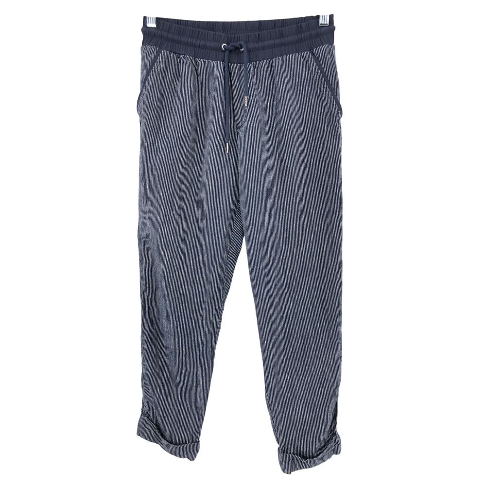 Athleta Navy Blue Elastic Waist Drawstring Linen Cuff Pinstripe Ankle Bali Pants